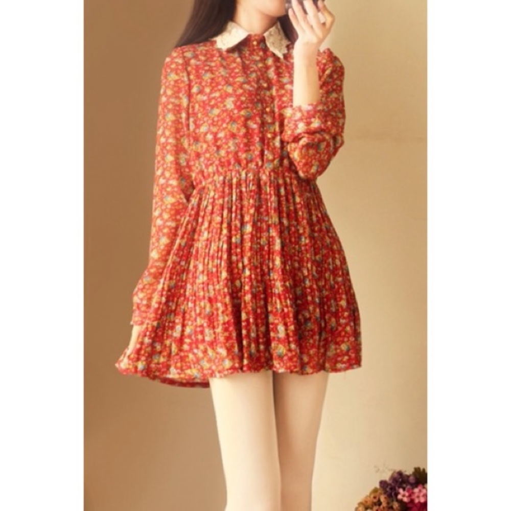 Red floral print Long Sleeve Dress